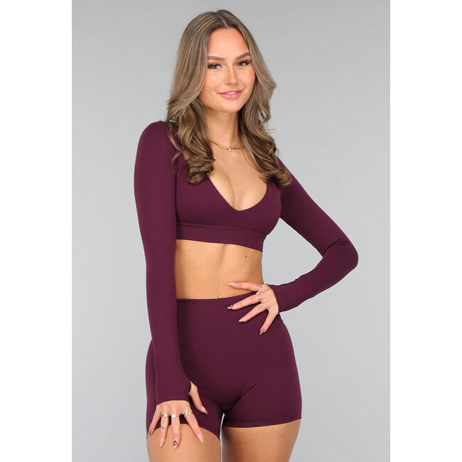 Aubergine Langarm-Stretch-Sport-Top