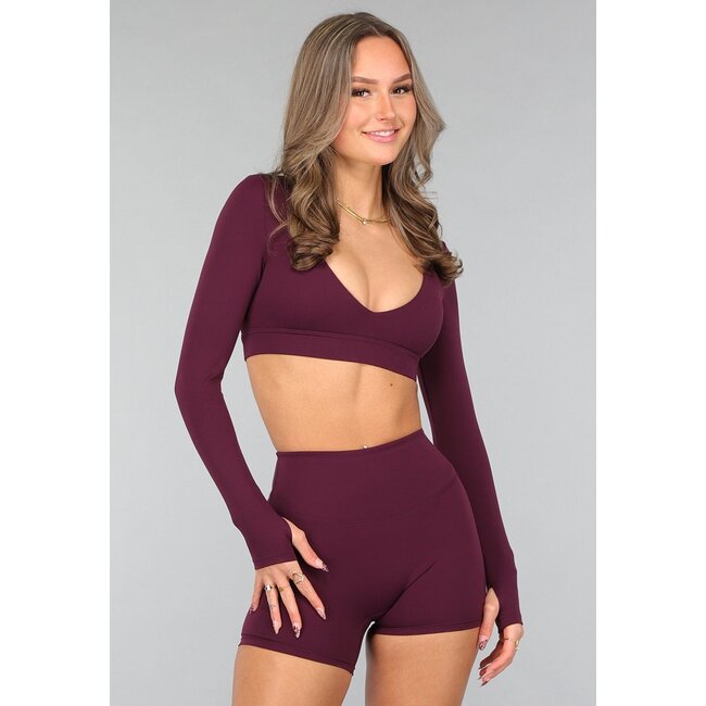 Aubergine Langarm-Stretch-Sport-Top