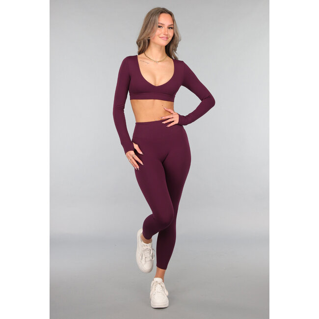 Aubergine Langarm-Stretch-Sport-Top