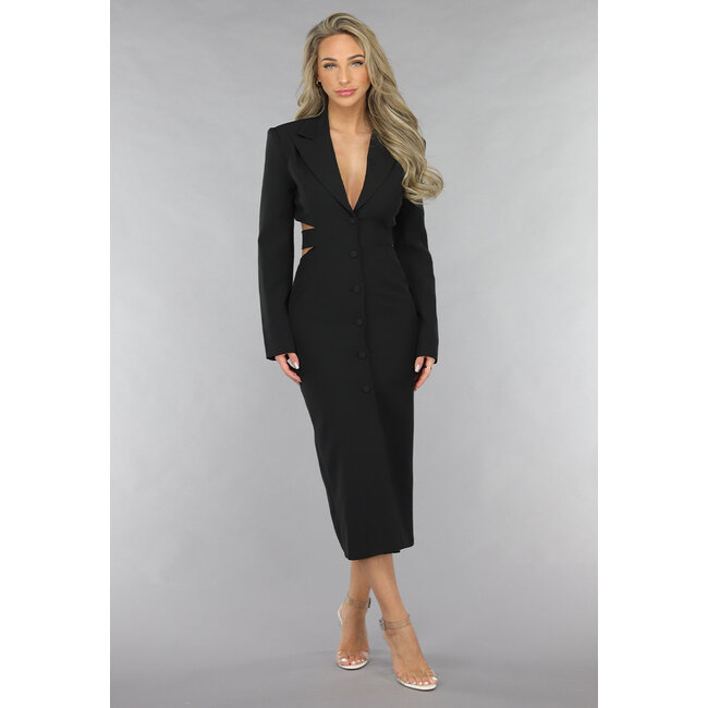 Schwarzes ausgeschnittenes Midikleid mit Blazer Look