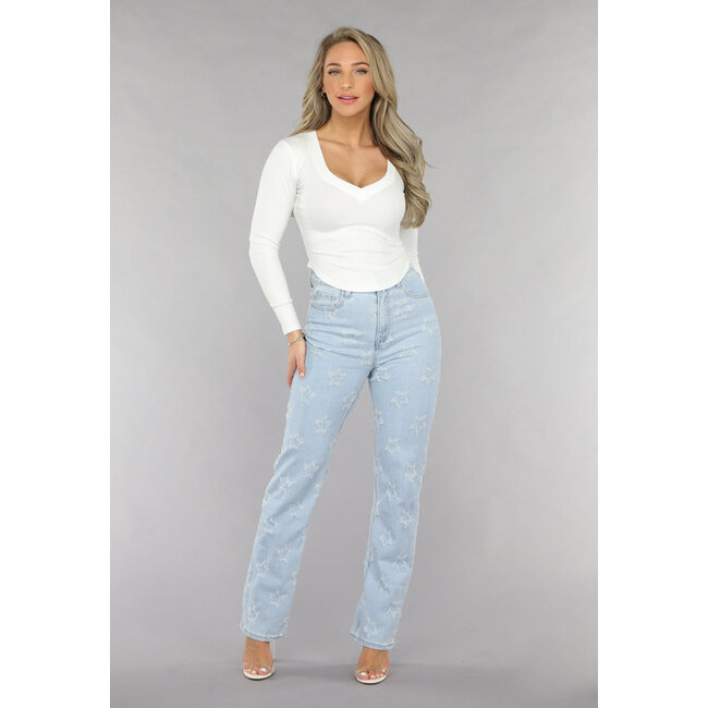 Straight Leg Jeans mit hoher Taille und gebürsteten Sternen