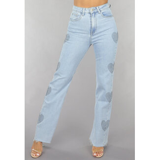 Straight Leg Jeans mit hoher Taille und Strassherzen