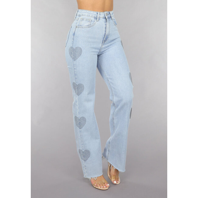 Straight Leg Jeans mit hoher Taille und Strassherzen