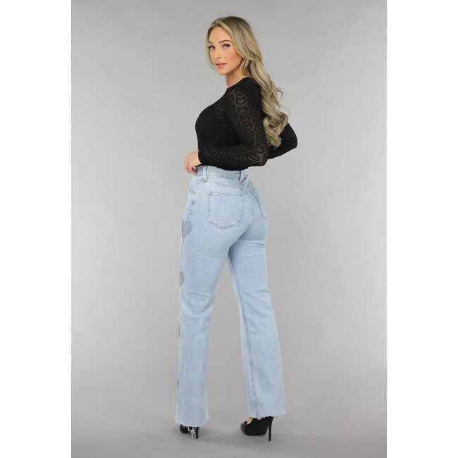 Straight Leg Jeans mit hoher Taille und Strassherzen