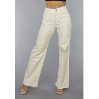 Beigefarbene Jeans mit geradem Bein, Nadelstreifenmuster und hoher Taille