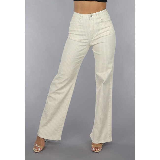 Beigefarbene Jeans mit geradem Bein, Nadelstreifenmuster und hoher Taille