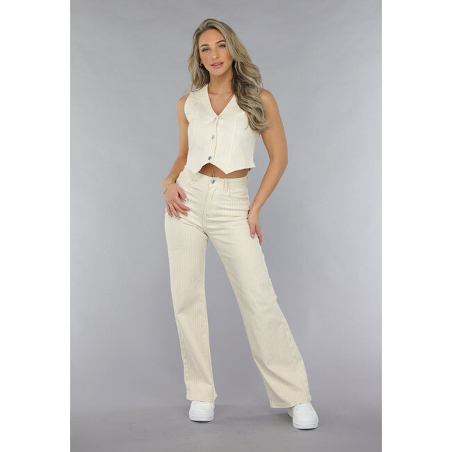 Beigefarbene Jeans mit geradem Bein, Nadelstreifenmuster und hoher Taille
