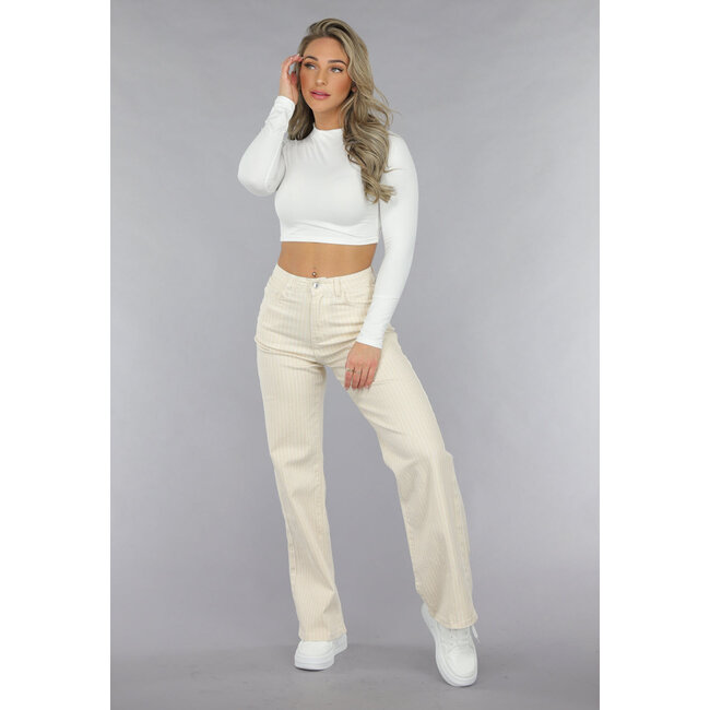 Beigefarbene Jeans mit geradem Bein, Nadelstreifenmuster und hoher Taille