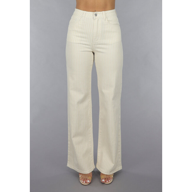 Beigefarbene Jeans mit geradem Bein, Nadelstreifenmuster und hoher Taille