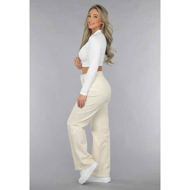 Beigefarbene Jeans mit geradem Bein, Nadelstreifenmuster und hoher Taille