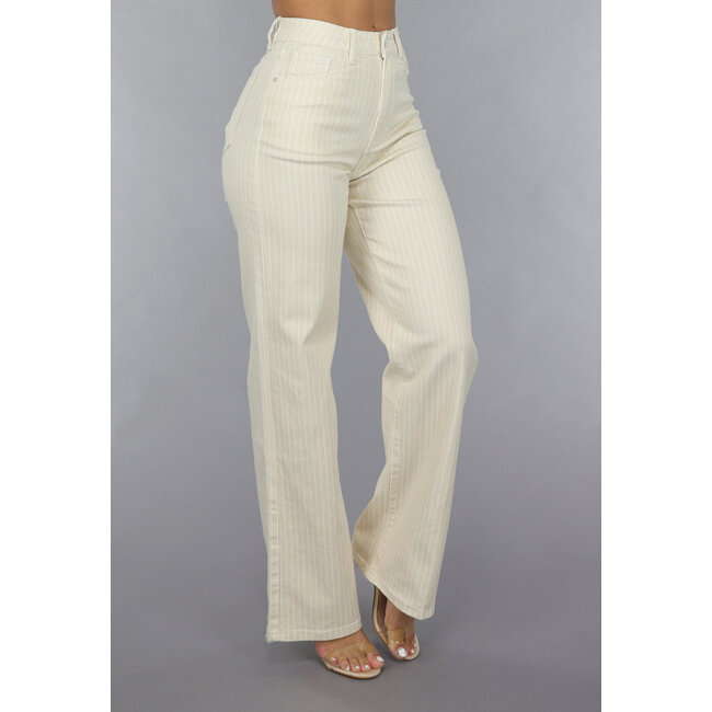 Beigefarbene Jeans mit geradem Bein, Nadelstreifenmuster und hoher Taille