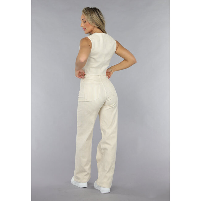 Beigefarbene Jeans mit geradem Bein, Nadelstreifenmuster und hoher Taille