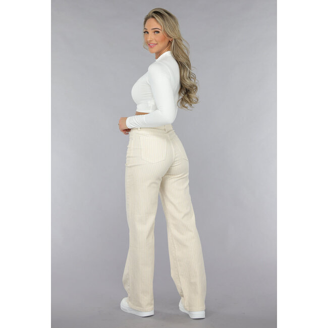 Beigefarbene Jeans mit geradem Bein, Nadelstreifenmuster und hoher Taille