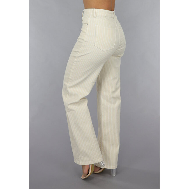 Beigefarbene Jeans mit geradem Bein, Nadelstreifenmuster und hoher Taille