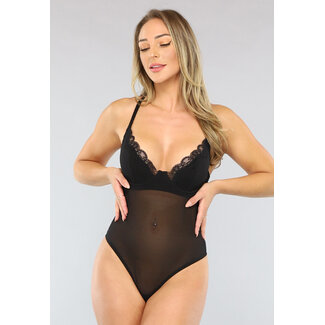 Schwarzer Mesh Bodysuit mit offenem Rücken