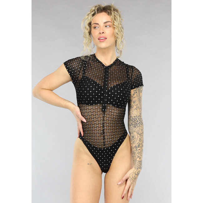 Schwarzer See-Through-Bodysuit mit Glitzer