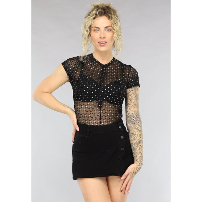 Schwarzer See-Through-Bodysuit mit Glitzer