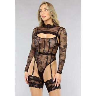 Schwarzer Spitzenbodysuit mit Bolero