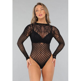 Schwarzer Netz-Bodysuit mit Druck