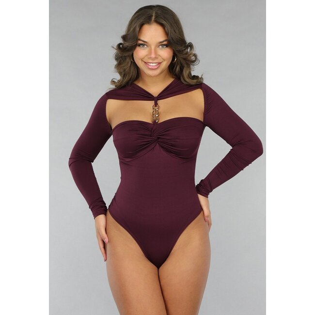 Auberginefarbener Bodysuit mit Pads und Golddetails