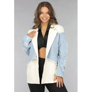 Beigefarbener Blazer mit Denim-Details