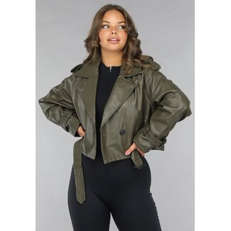 Kurze khakifarbene Jacke in Lederoptik