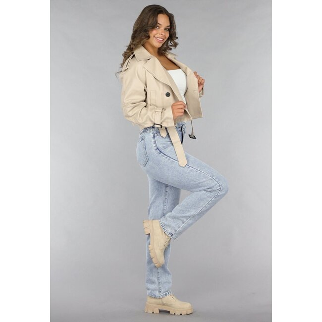 Beige PU-Leder-Look Cropped Jacket