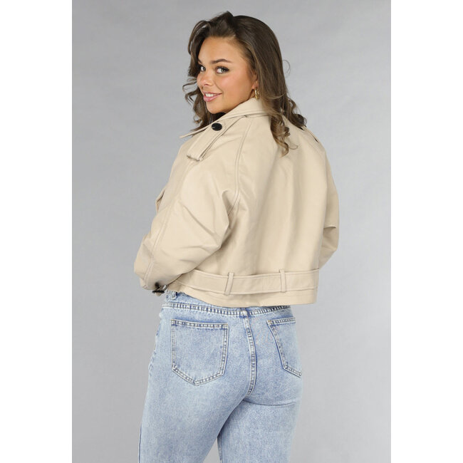 Beige PU-Leder-Look Cropped Jacket
