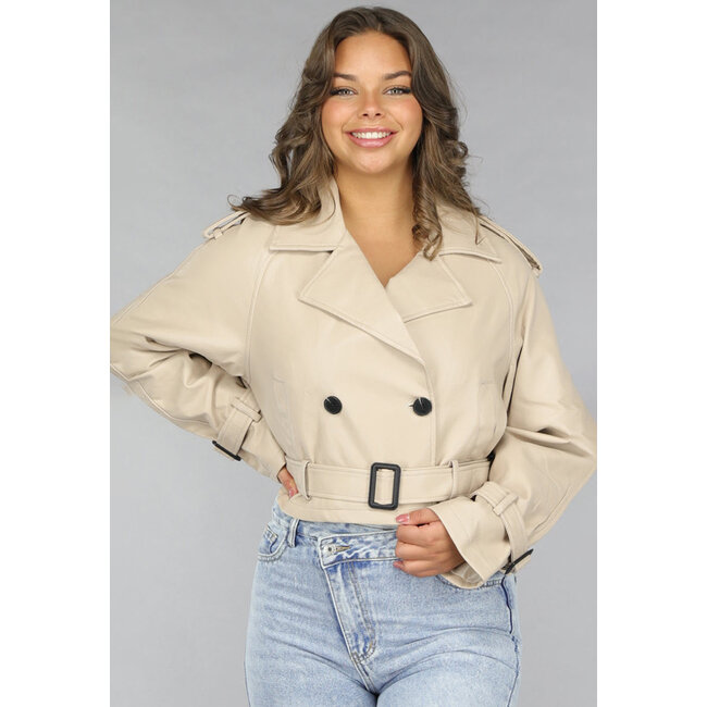 Beige PU-Leder-Look Cropped Jacket