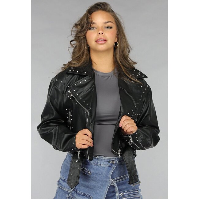 Schwarze Vegane Lederjacke mit Nieten