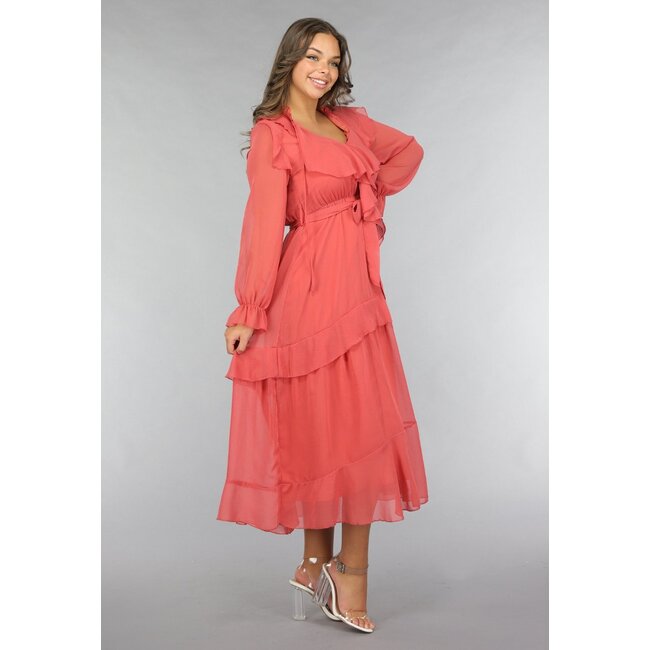 Lachsfarbenes Chiffon-Maxikleid mit Rüschen