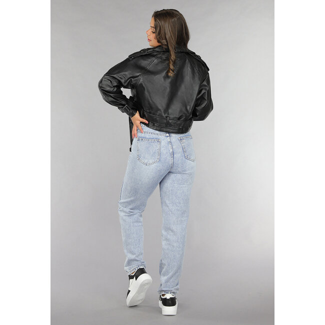 Schwarze Vegane Lederjacke mit Schnallendetails