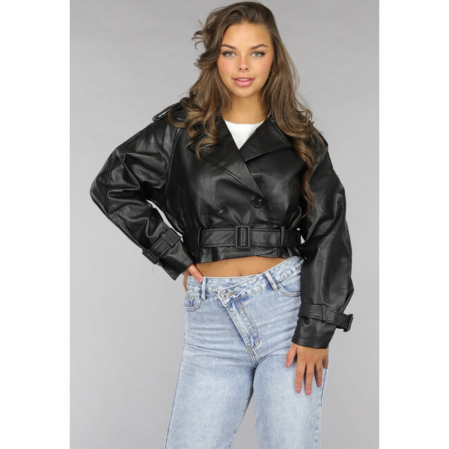 Schwarze Vegane Lederjacke mit Schnallendetails
