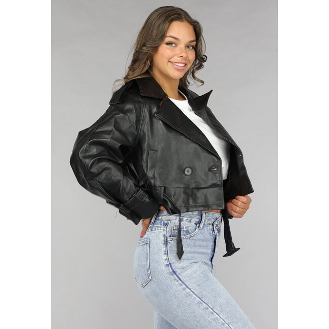 Schwarze Vegane Lederjacke mit Schnallendetails