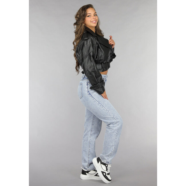 Schwarze Vegane Lederjacke mit Schnallendetails