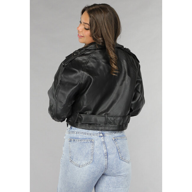 Schwarze Vegane Lederjacke mit Schnallendetails