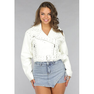 Weiße Cropped Jacket in Lederoptik mit Nieten