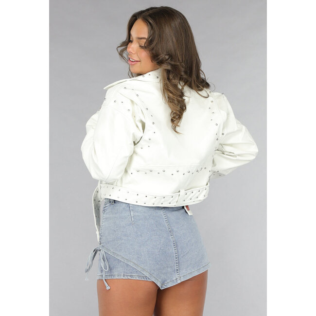 Weiße Cropped Jacket in Lederoptik mit Nieten