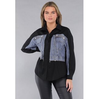 Bluse mit Denim-Details in Schwarz
