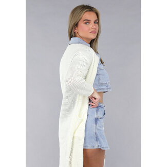 Lange Ecru-Strickjacke in Übergröße mit Strickoptik