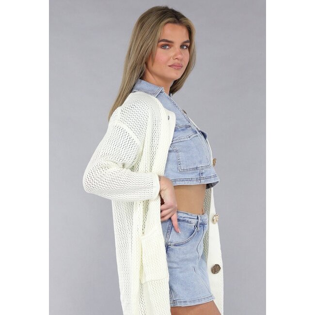 Lange Ecru-Strickjacke in Übergröße mit Strickoptik