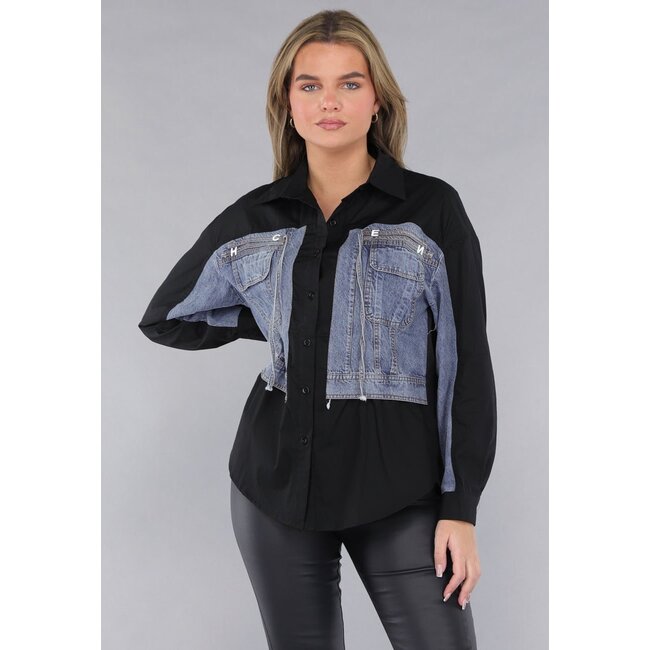 Bluse mit Denim-Details in Schwarz