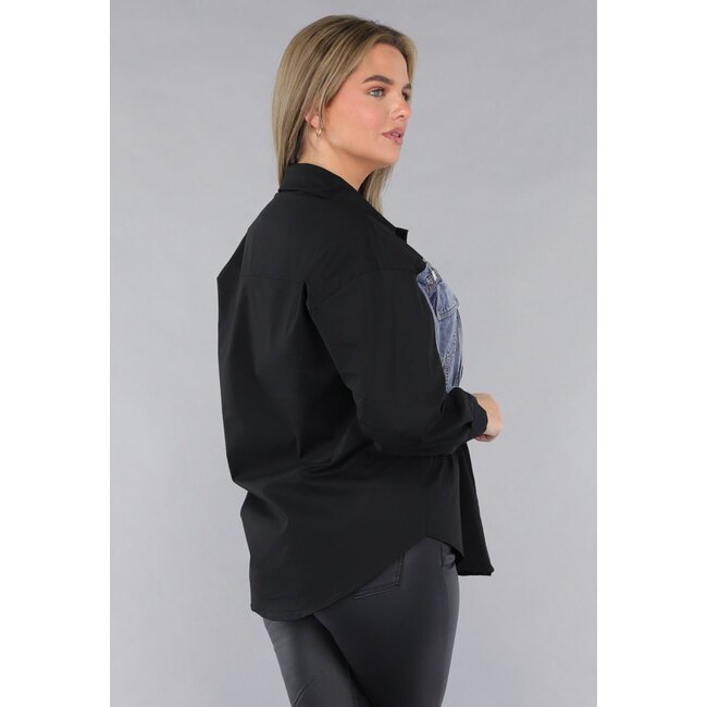 Bluse mit Denim-Details in Schwarz