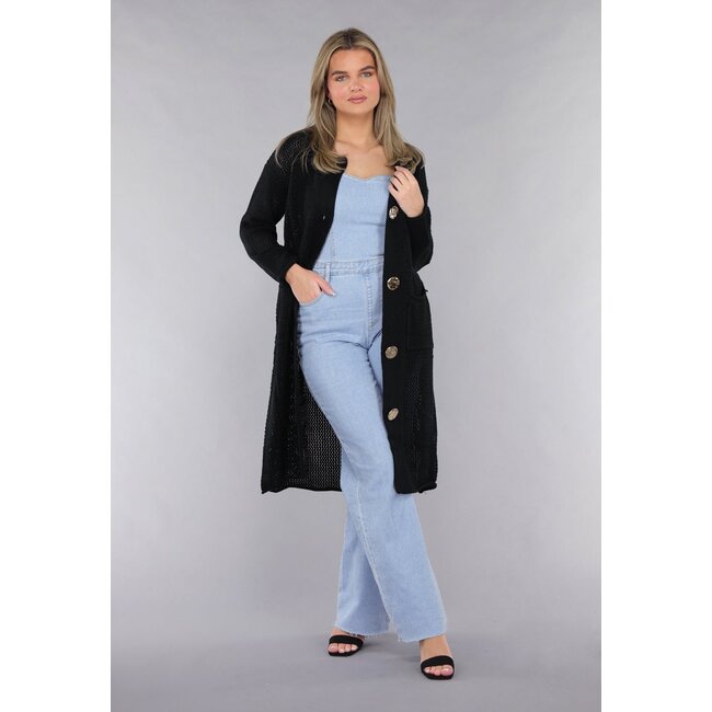 Schwarzer Oversized-Strickcardigan mit großen Knöpfen