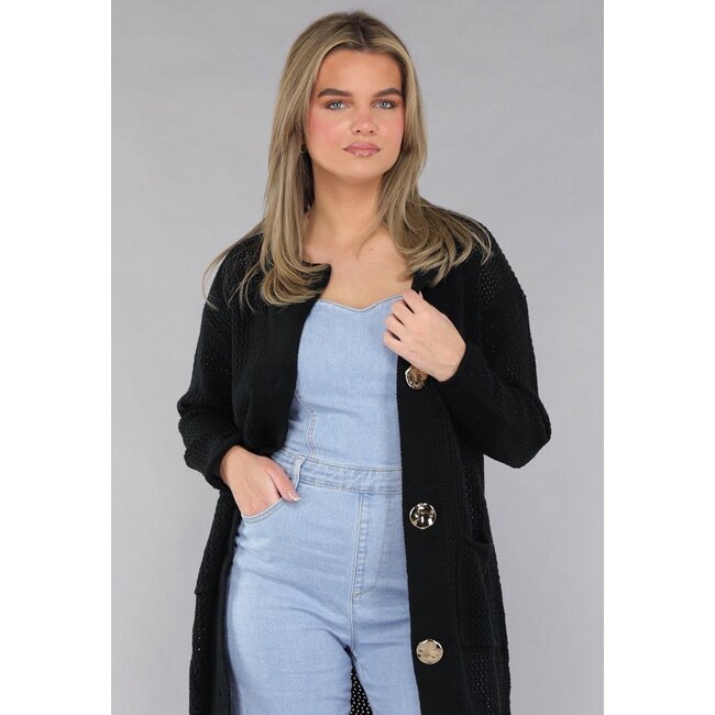 Schwarzer Oversized-Strickcardigan mit großen Knöpfen