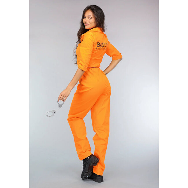 Langer orangefarbener Boevenjumpsuit mit Handschellen