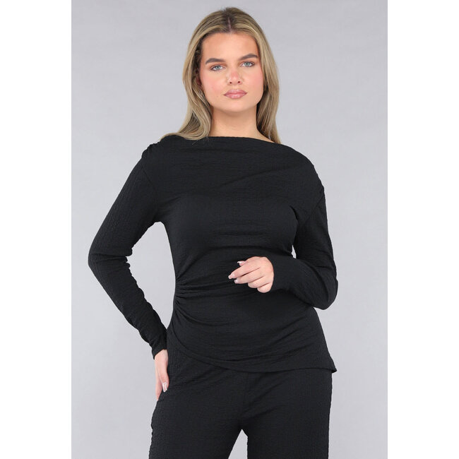 Schwarzes Co Ord Set aus gesmoktem Stoff