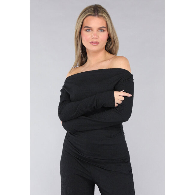 Schwarzes Co Ord Set aus gesmoktem Stoff