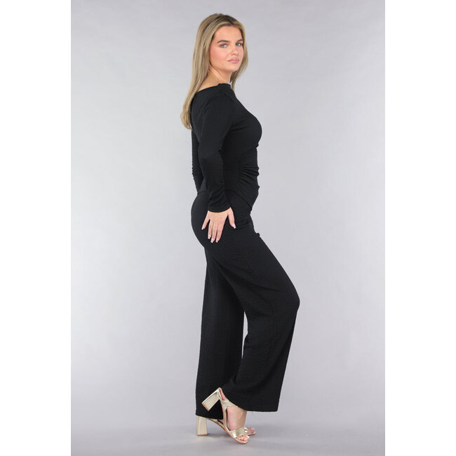 Schwarzes Co Ord Set aus gesmoktem Stoff