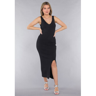 Schwarzes Rippstoff Stretch V-Ausschnitt Midikleid